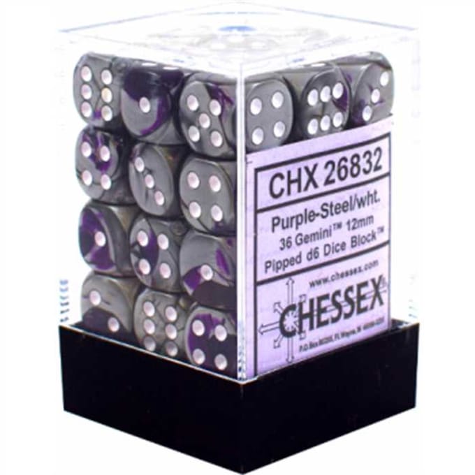 Chessex Gemini Purple-Steel/white D6 12mm Dobbelsteen Set (36 stuks)
