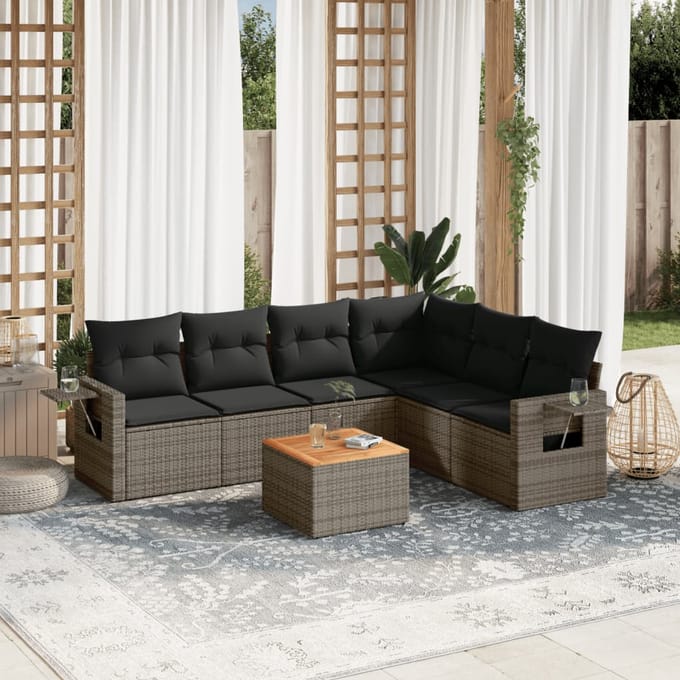 vidaXL - 7-delige - Loungeset - met - kussens - poly - rattan - grijs