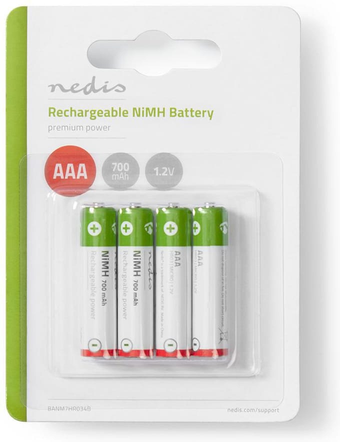 Nedis Oplaadbare NiMH-Batterij AAA - 1.2 V DC - 700 mAh - Voorgeladen - 4-Pak