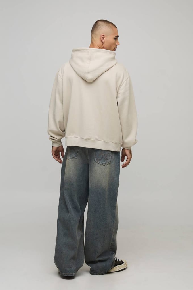 Stone Oversized Boxy Houston Texas Print Zip Through Hoodie | Size Medium