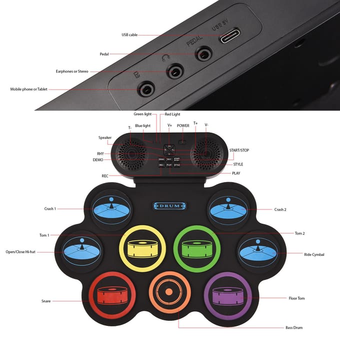 Elektronisch Drumstel Handrol Drumstel 9 Pads Ondersteunt DTX Gaming/BT Begeleiding met Dubbele zwart