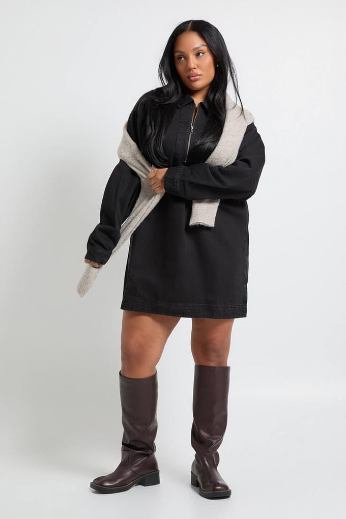 boohoo Dames Plus Denim ritssluiting shiftjurk | Washed Black | Maat: 20
