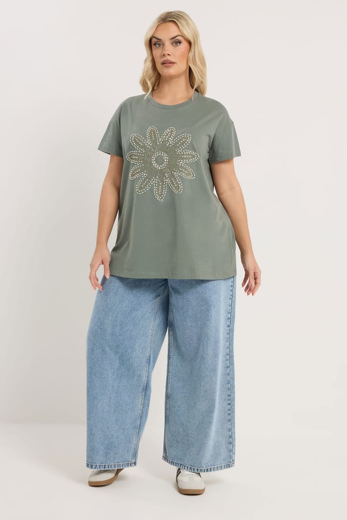Yours Saliegroen Tshirt Met Kralen En Madeliefjes Size 44