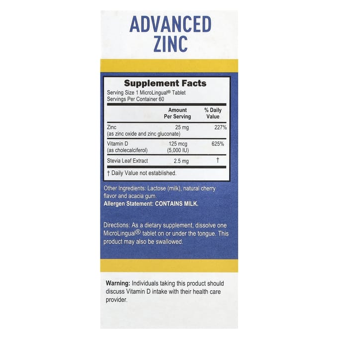 Geavanceerd Zink, Vitamine D3, Direct Oplosbare Microlinguale Tabletten, 60 Tabletten