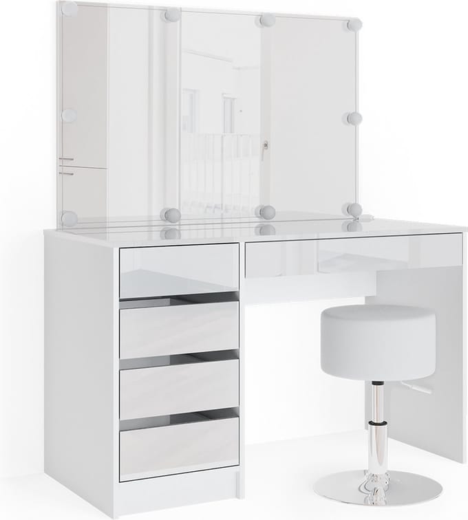 Vicco Kaptafel set met kruk Sherry, Wit, 120 cm met spiegel, LED-lichtslinger en kruk