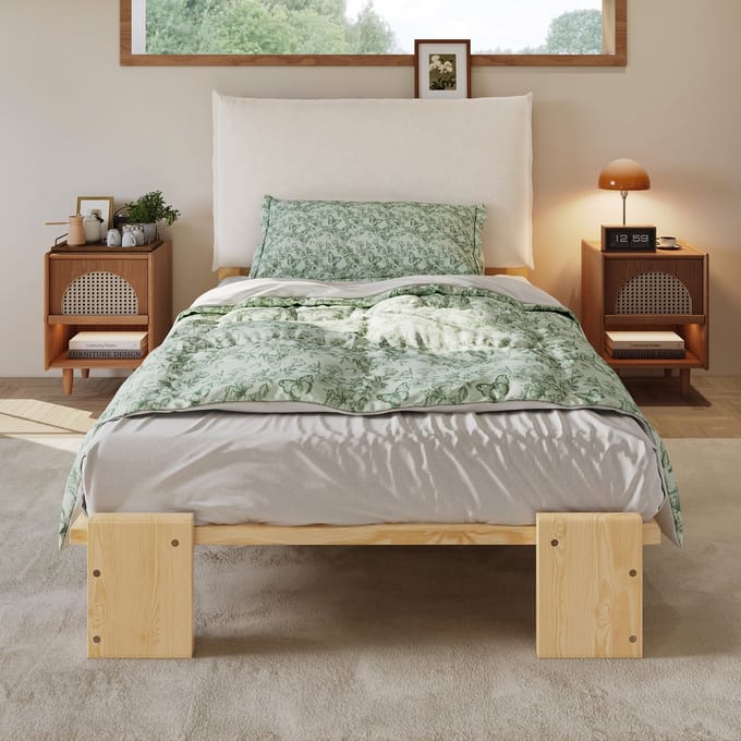 Gepolsterd Bed - 90x200 cm - Met Rugleuning - Stevige Lattenbodem - Grenenhout - Natuur