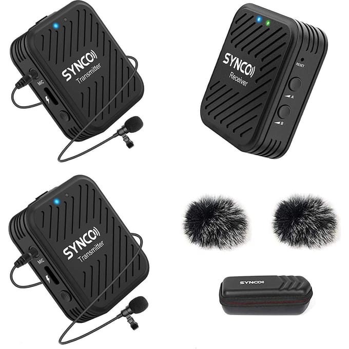 SYNCO G1 (A2 ) 2.4G Draadloos Microfoonsysteem met 1 Ontvanger & 2 Zenders & 2 Lavaliermicrofoons zwart