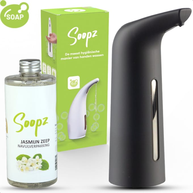 Soopz Automatische Zeepdispenser – Mat Zwart – Black Graphite Elegance – Zeeppompje met Bewegingssensor – Met Jasmijn Zeep