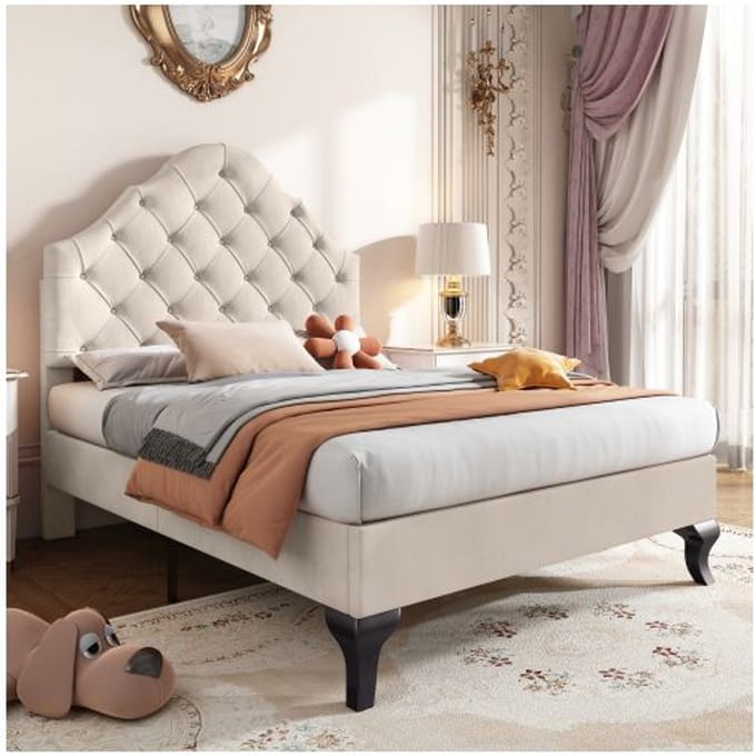Lit capitonné - MUVOE - 90x200 cm - Velours Beige - Tête de lit réglable - 1 place beige