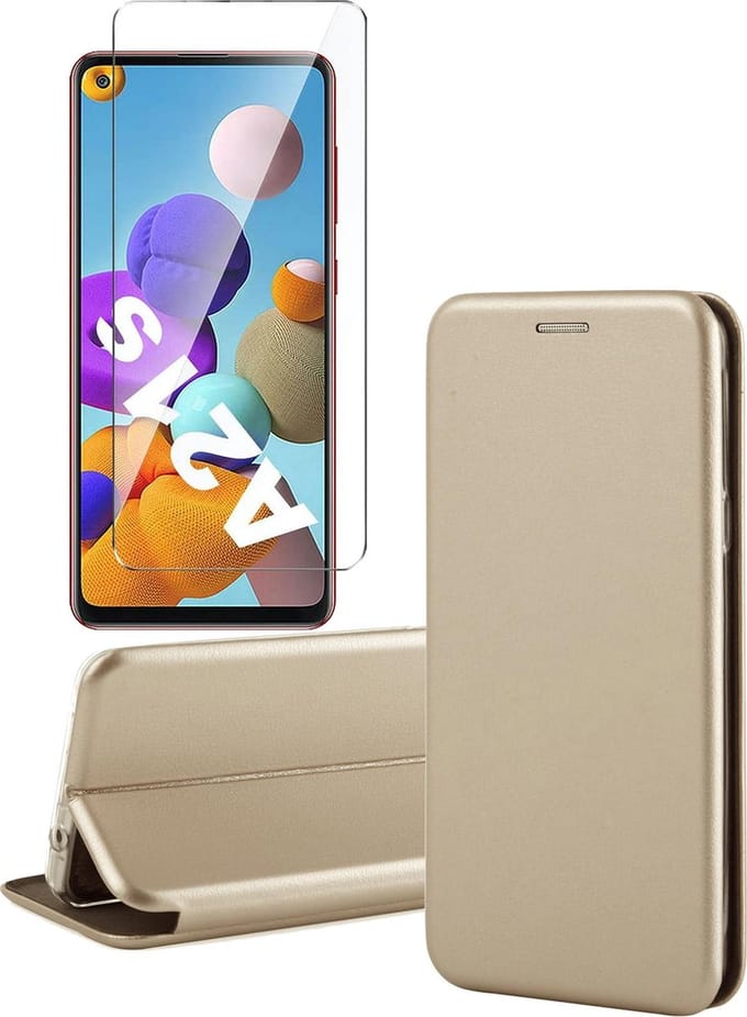Hoesje geschikt voor Samsung Galaxy A21s - Screen Protector GlassGuard - Book Case Kunstleer ThinShield Goud & Screenprotector