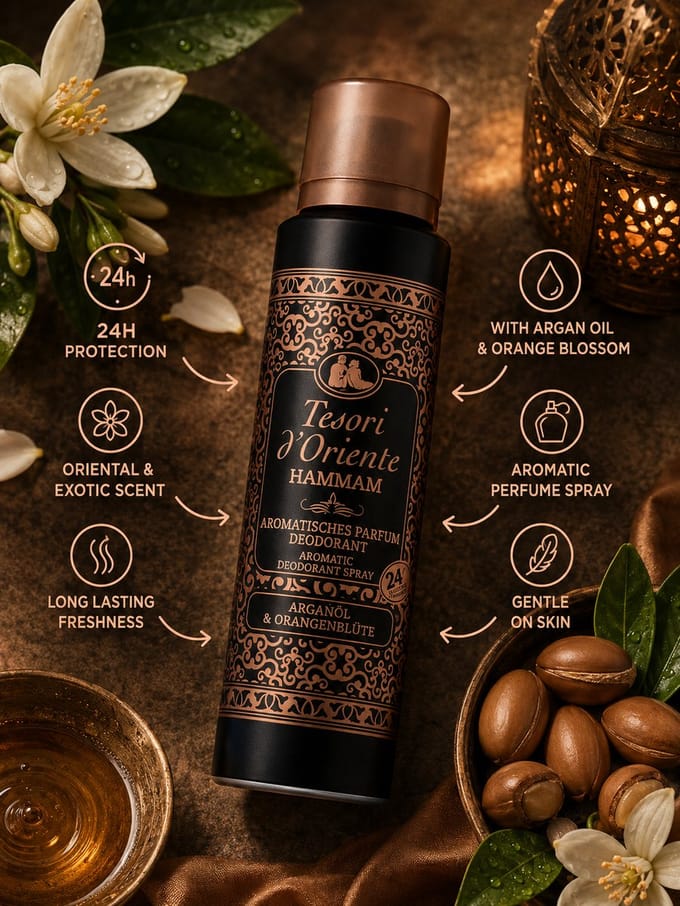 Tesori d'Oriente Parfum Deodorant Hammam - 150 ml - Arganolie & Oranjebloesem - 24u Bescherming