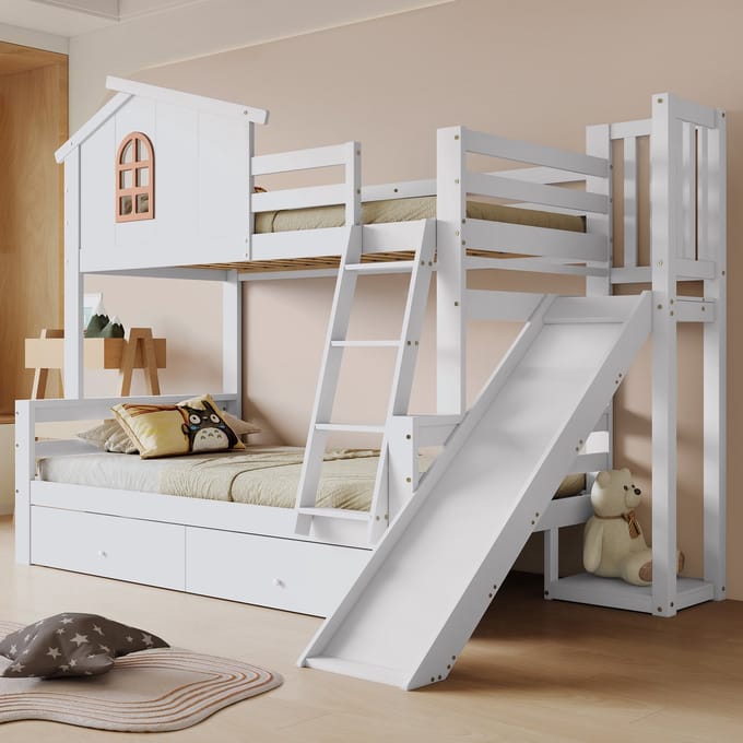 Wishdor Stapelbed 90x200 & 120x200 cm - Glijbaan & Raam - 2 Laden - Wit Hout - Moeder & Kind