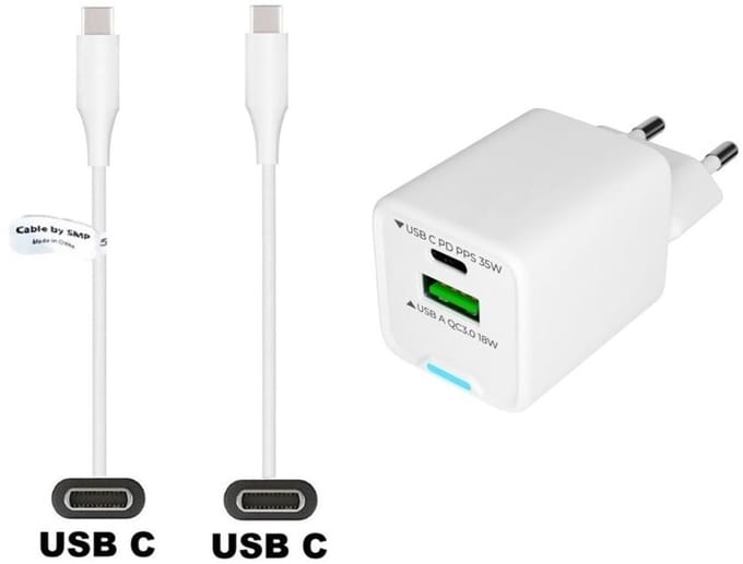 OneOne 35W super snellader met 2 poorten. Oplader met Sterke 0,8m USB C naar C kabel. PD lader adapter past op Redmi 13, Note 10 Pro, Note 11, Note 12, Note 12 Pro, Note 13, Note 13 Pro, Note 13 Pro +, Note 14, Note 14s, Xiaomi