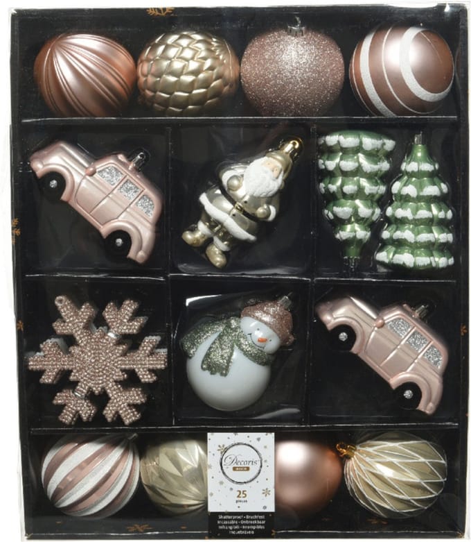Decoris 25x Kersthangers kunststof 8 cm - salie groen - lichtroze - parel wit onbreekbaar