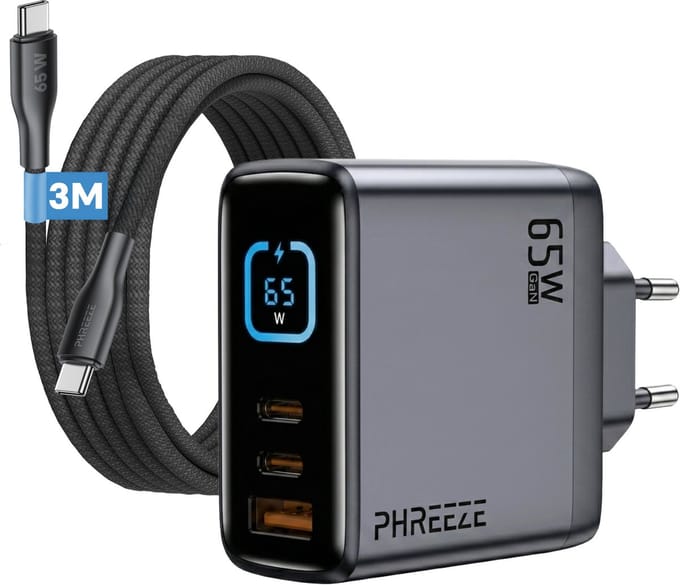 USB C Stekker + Lange USB C Kabel 3 Meter - 65W Snellader - USB-C naar USB-C - USB Power Adapter - USB Lader - Universeel