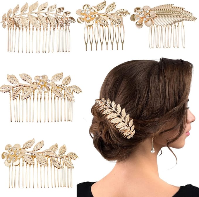 Gouden bladhaarkammen set - 5 stuks, 5 maten, strass versiering voor bruiloft, bruidsmeisje en feest