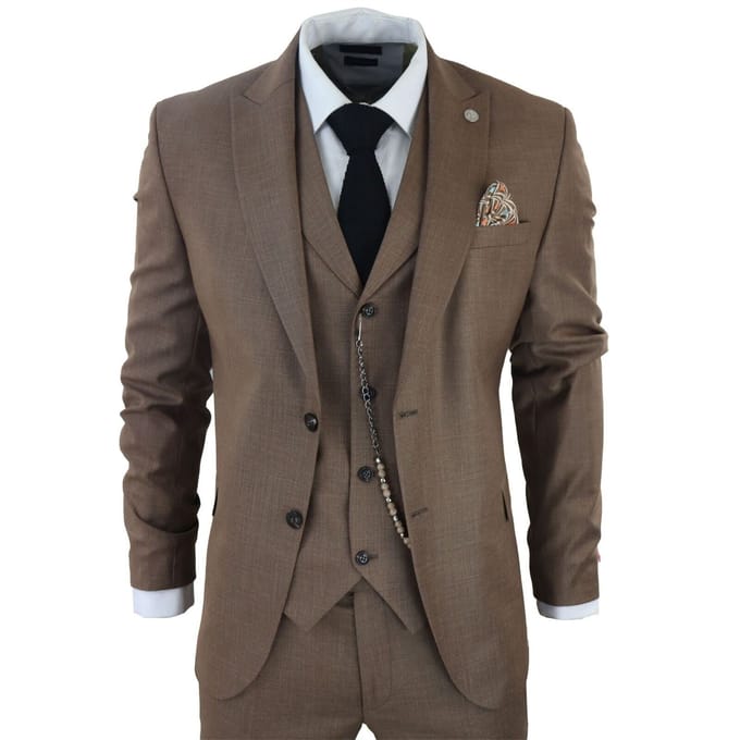 Heren Classic 3-delige Effen Bruine Pak