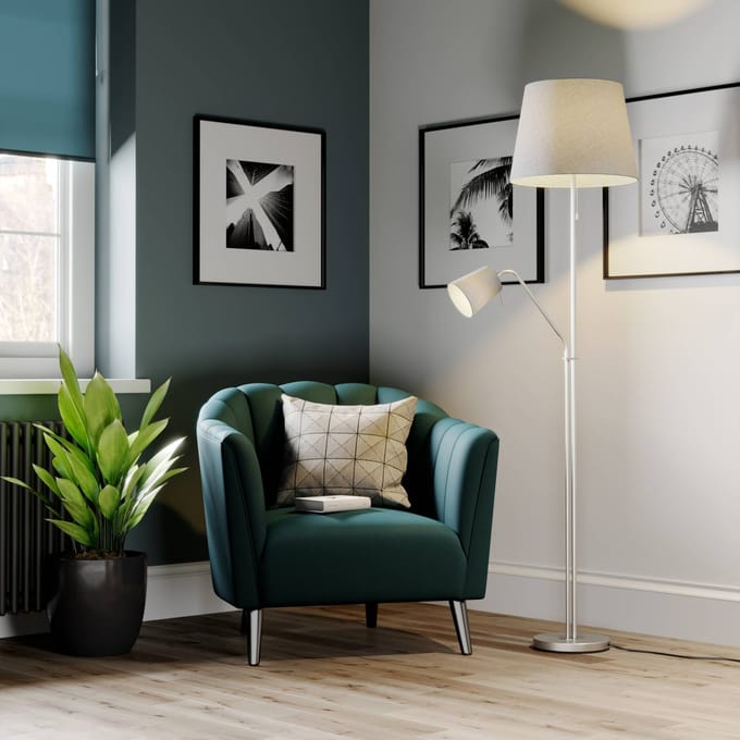 Vloerlamp Lindby Nantwin, 175 cm, grijs, nikkel, textiel