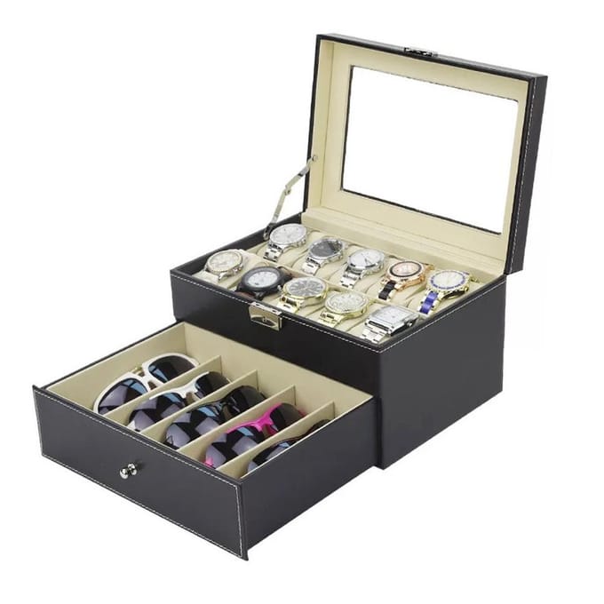 Dubbellaagse Horlogedoos Case 5 Vaks Brillen Opbergdoos 10 Vaks Horlogedoos (Zwart) gray