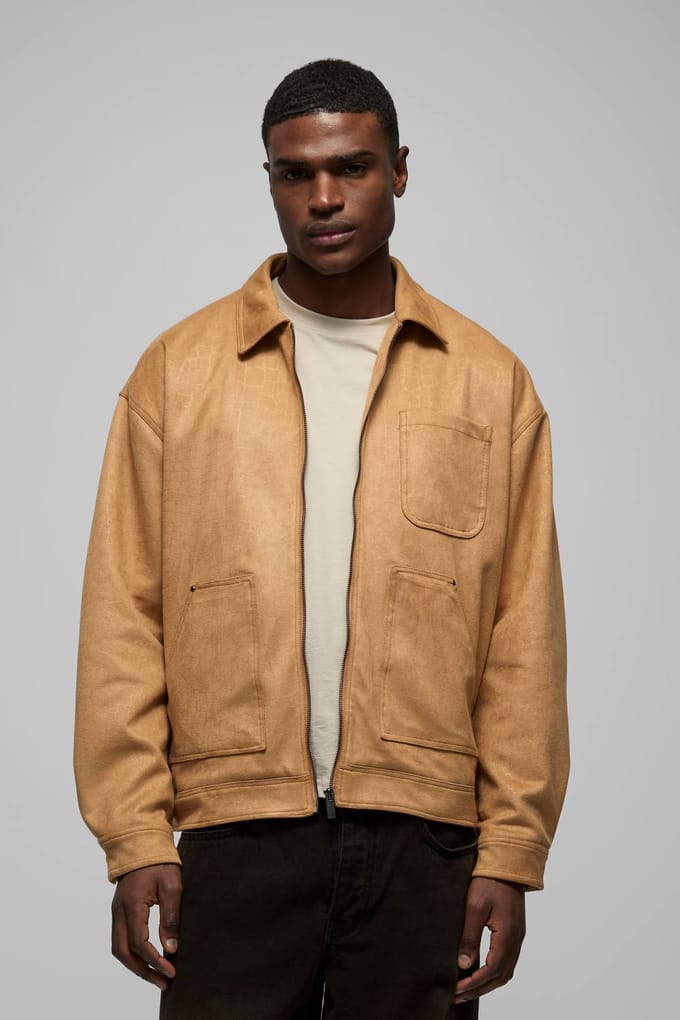 Oversized Croc Faux Suede Collared Carpenter Worker Jacket | Tan | Size Medium