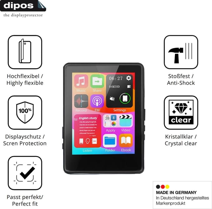 dipos – 2x Beschermfolie geschikt voor Aroeally D6 MP3-Player | 3D Full Cover Screenprotector | 100% Passend