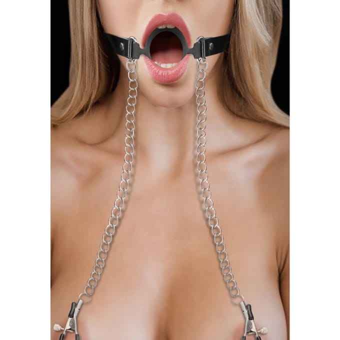 Shots Ouch! - O-Ring Gag met Tepelklemmen - Zwart