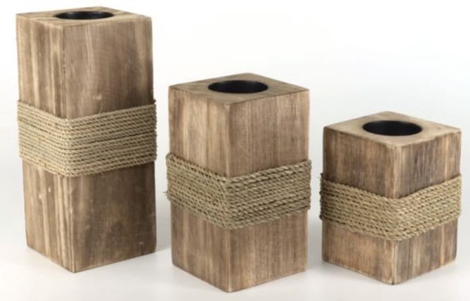 woodart waxinehouder hout/touw set van 3 22x17