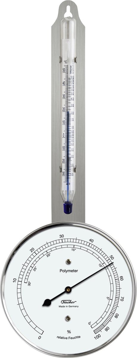 Fischer - Polymeter 115 - Ø103 mm RVS - Haarhygrometer & Glasthermometer - Dauwpuntbepaling