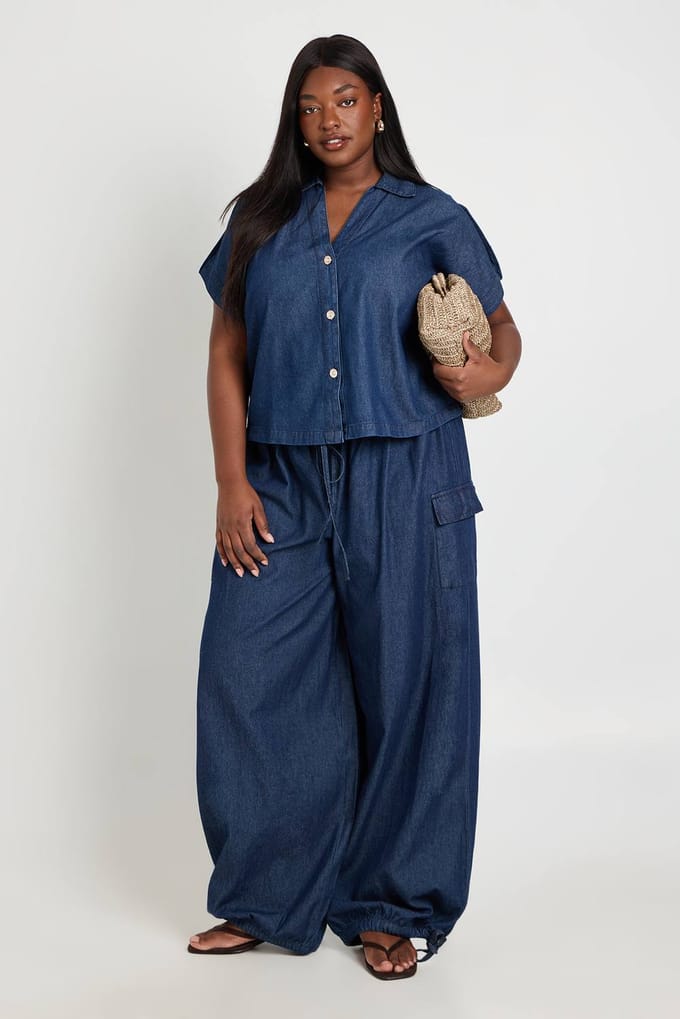 boohoo Dames Plus Chambray Ballonbroek | Indigo | Maat: 52