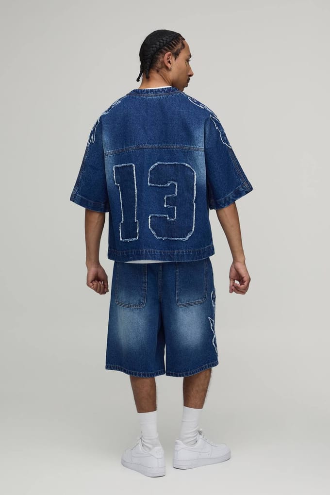 Oversized Varsity Applicatie Denim T-shirt | Mid Blue | Size Medium