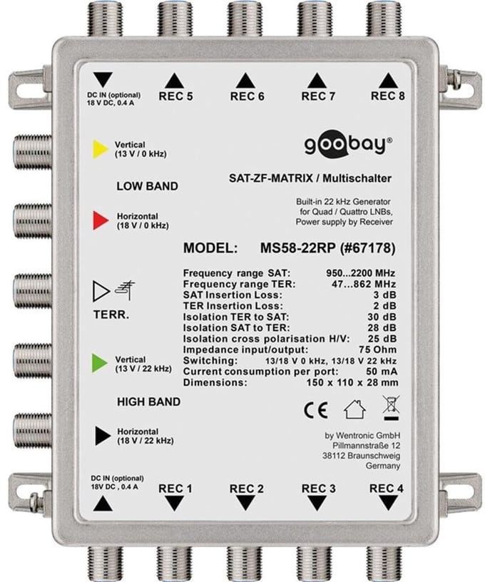 Goobay Sat multi-switch passief 5 ingangen/8 uitgangen, verdeler voor max. 8 deelnemers van één satelliet