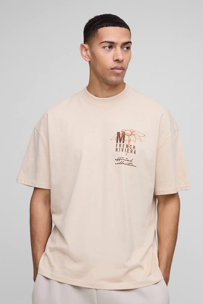 Oversized Extended Neck Monaco Floral Printed T-Shirt | Sand | Size Medium