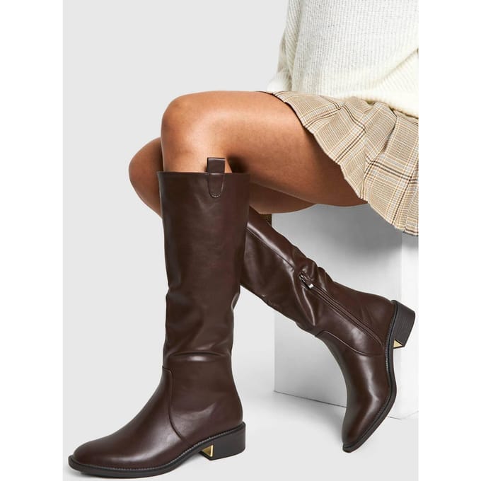 boohoo Dames Wide Fit Tab Detail Knee High Boot | Brown | Maat: 3