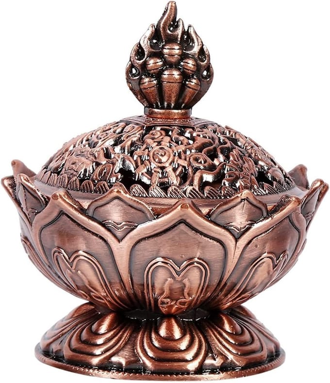 Zerodis Lotus Incense Burner - Traditionele Boeddhistische Backflow Rookhouder - Rood Brons
