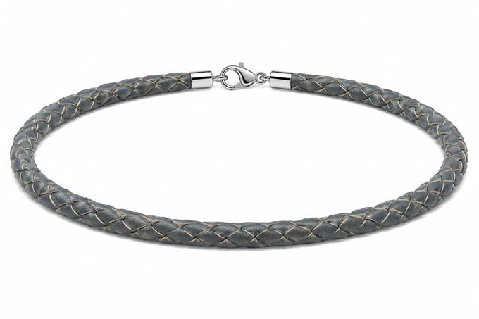 AuBor ®. Gevlochten leren ketting met zilveren sluiting. Grijs. 4mm × 65cm
