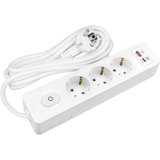 Verdeelblok SELDUR G3TH52B, 3 stopcontacten type F + schakelaar, USB A+C snelladen 20W, Wit, kabel 5m wit