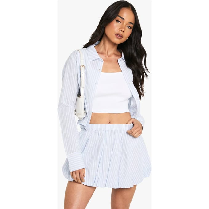 boohoo Dames Katoenen streep puffball minirok met elastische taille | Blue | Maat: 16