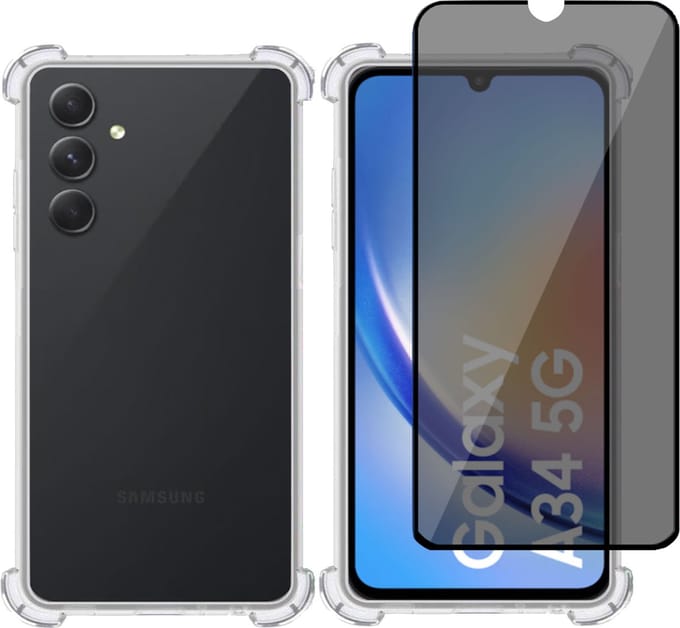 Hoesje geschikt voor Samsung A34 + Privé Screenprotector – Privacy Tempered Glass - Case Transparant