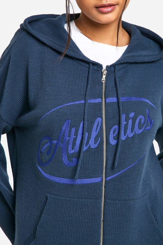 boohoo Dames Athletics Geborduurde Ritssluiting Door Overgroot Gebreide Hoodie | Navy | Maat: Medium