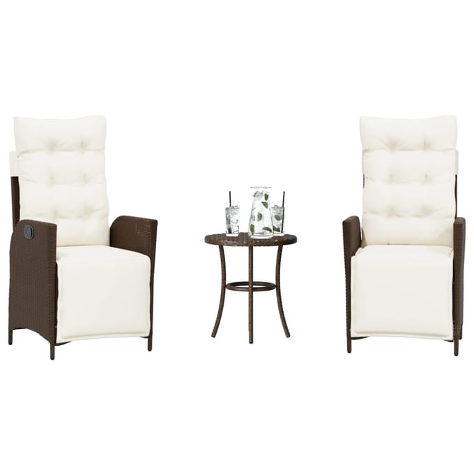 vidaXL - 3-delige - Bistroset - met - kussens - poly - rattan - bruin