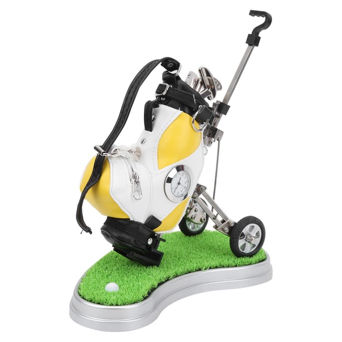 Mini Desktop Zinklegering Golftas Pennenhouder met Gazonbasis Klok Golfpennen Souvenir Cadeau white