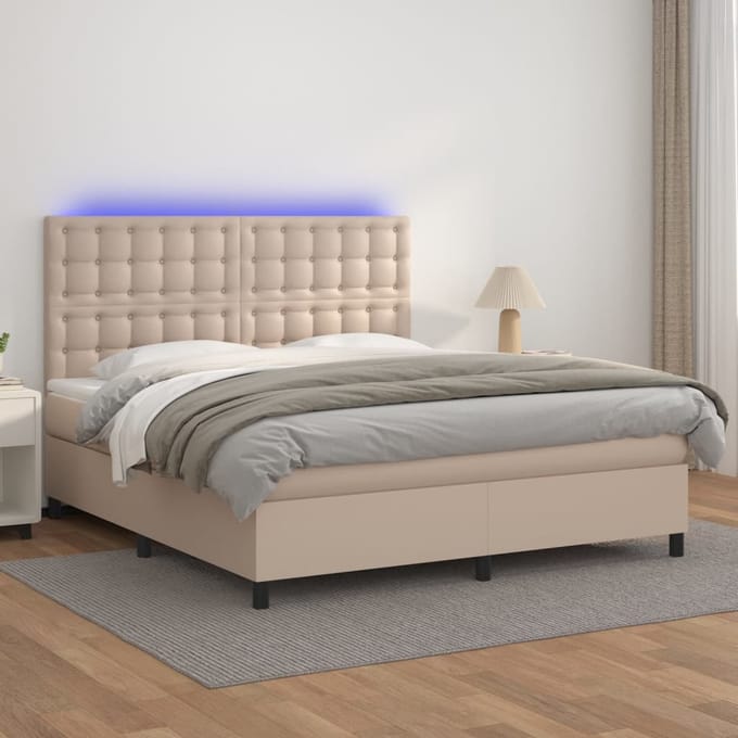 vidaXL - Boxspring - met - matras - en - LED - kunstleer - cappuccinokleur - 160x200cm