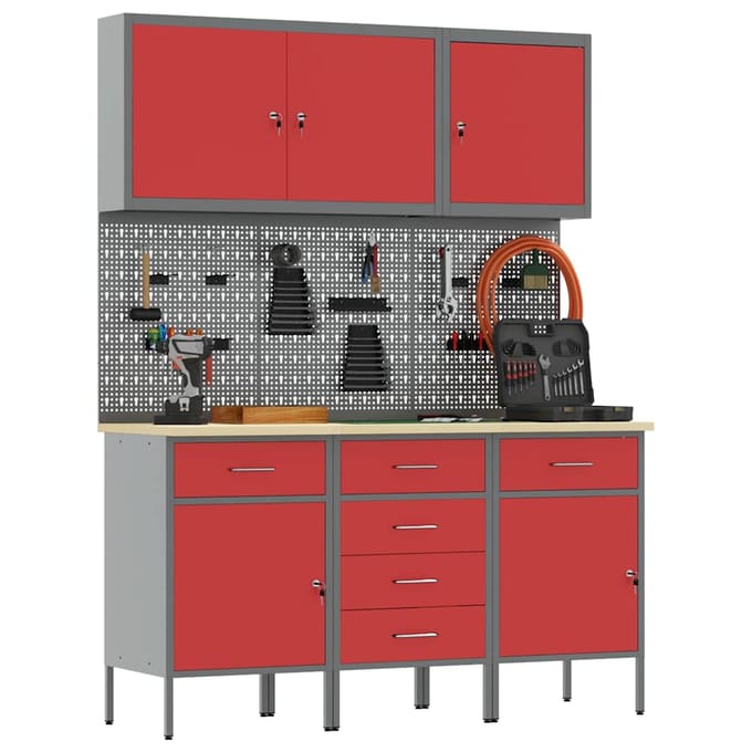 vidaXL - Werk - Cabinet - 8 - st - Rood - en - Grijs - Engineered - hout - en - staal