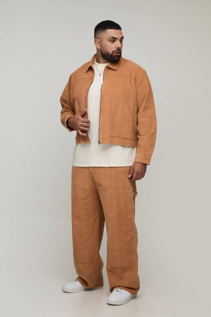 Plus Washed Cord Relaxed Boxy Worker Jacket | Tan | Size 2XL