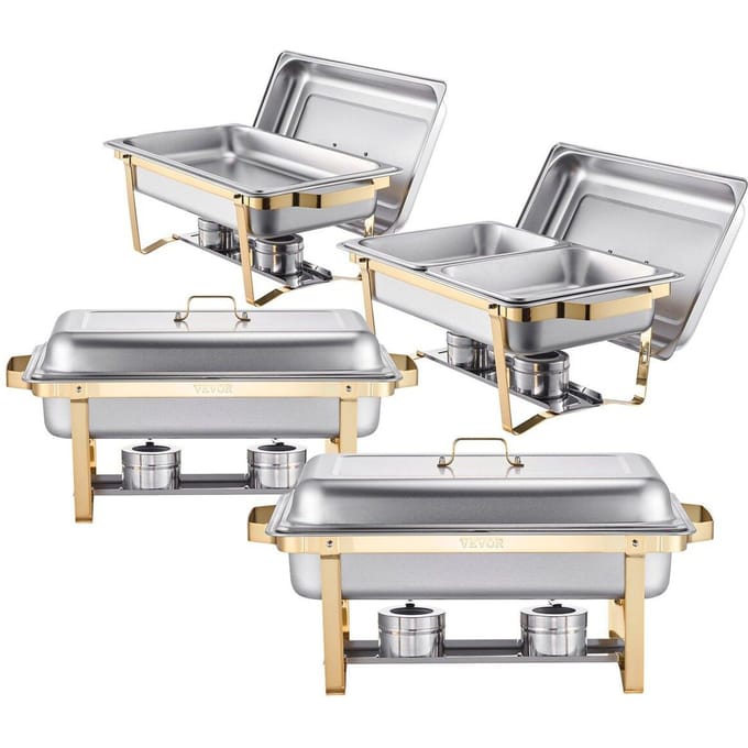 Set de chafing dish rectangulaire 8 Qt Lot de 4 avec plats de taille normale et demi-taille