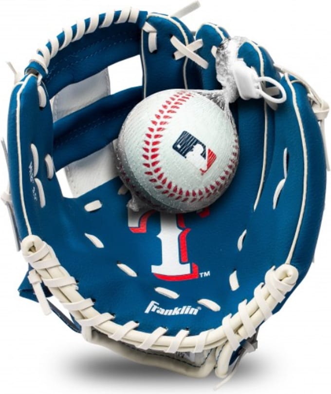 Franklin 9,5 Inch Jeugd MLB Handschoen en Ballen Set Team Rangers