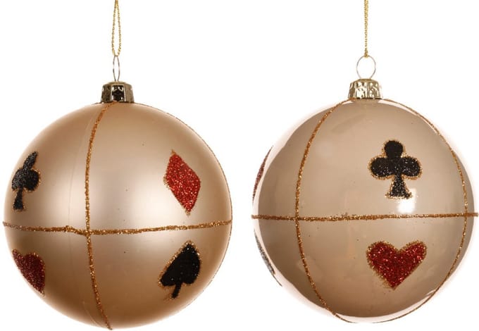 Decoris- Kerstballen met speelkaartenmotief - Set van 12 - Parelmoer - D8 cm