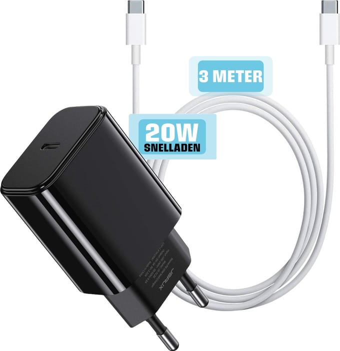 20w usb C Stekker met usb C naar usb C Kabel - Lange 3 Meter Opladerkabel Versterkte Hals - Universeel