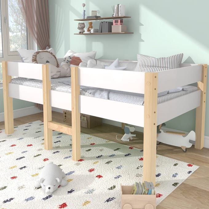 Sweiko Kinderbed met valbescherming, dennen, massief hout, 90x200 cm, Wit en eiken