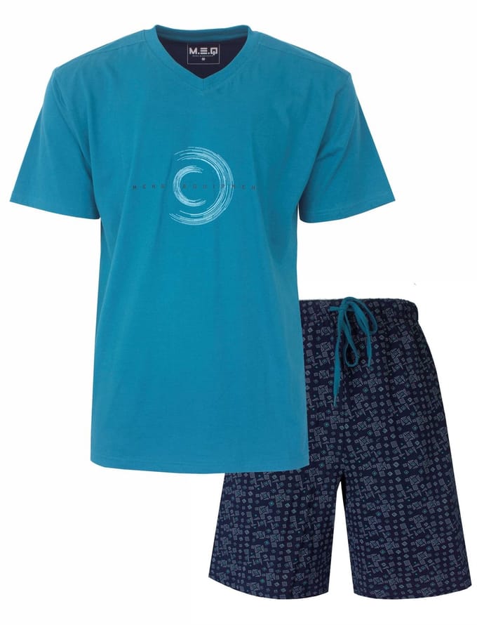 MEQ Heren Shortama - Pyjama Set - met V-hals - Aqua Groen - Maat M